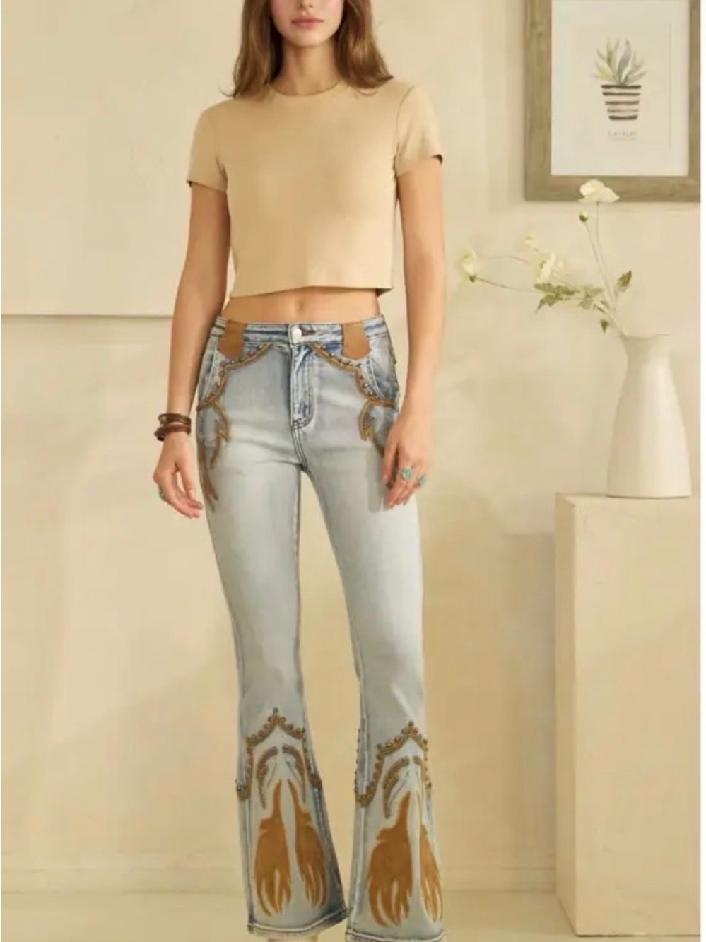 Oli & Hali Light Blue Wash Flare Jeans with Tan Embroidery western pants.